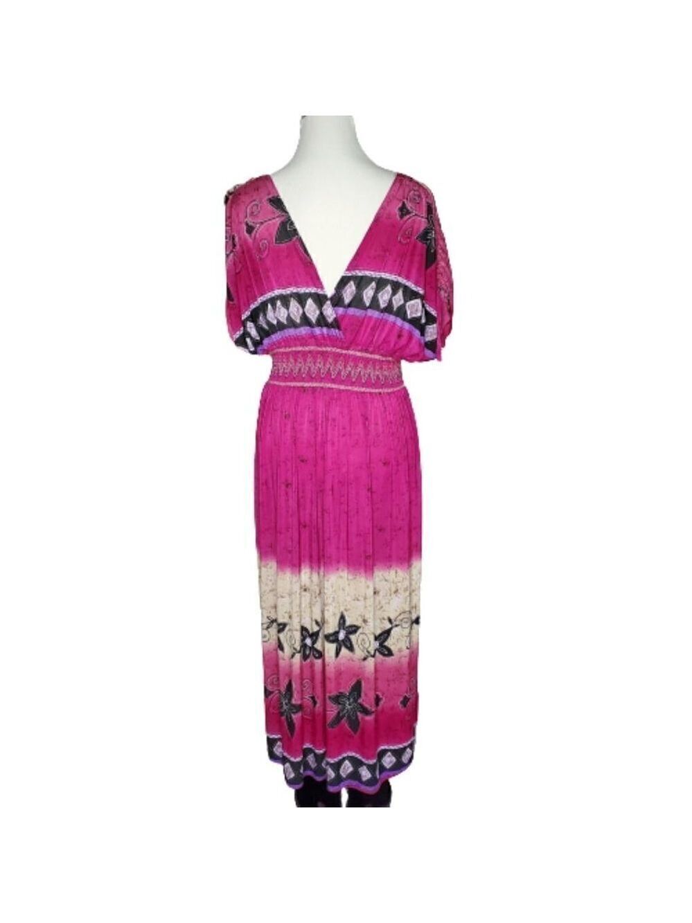 jessica Taylor Pink Floral Pullover V-Neck Back Smocked Waist Midi Dress Large - Picture 6 of 7